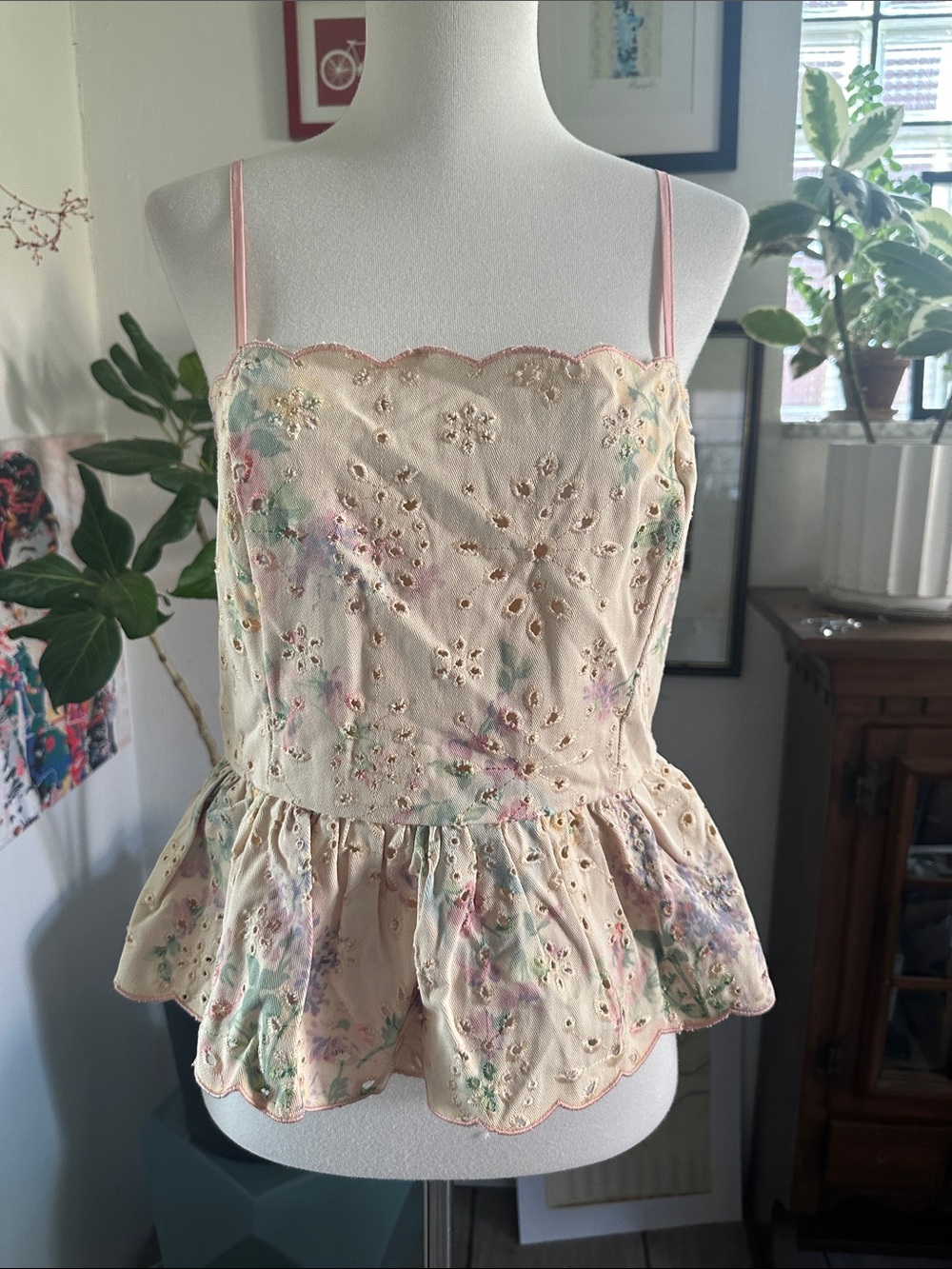 Vici Pastel Floral Eyelet Peplum Cami in Blush Large